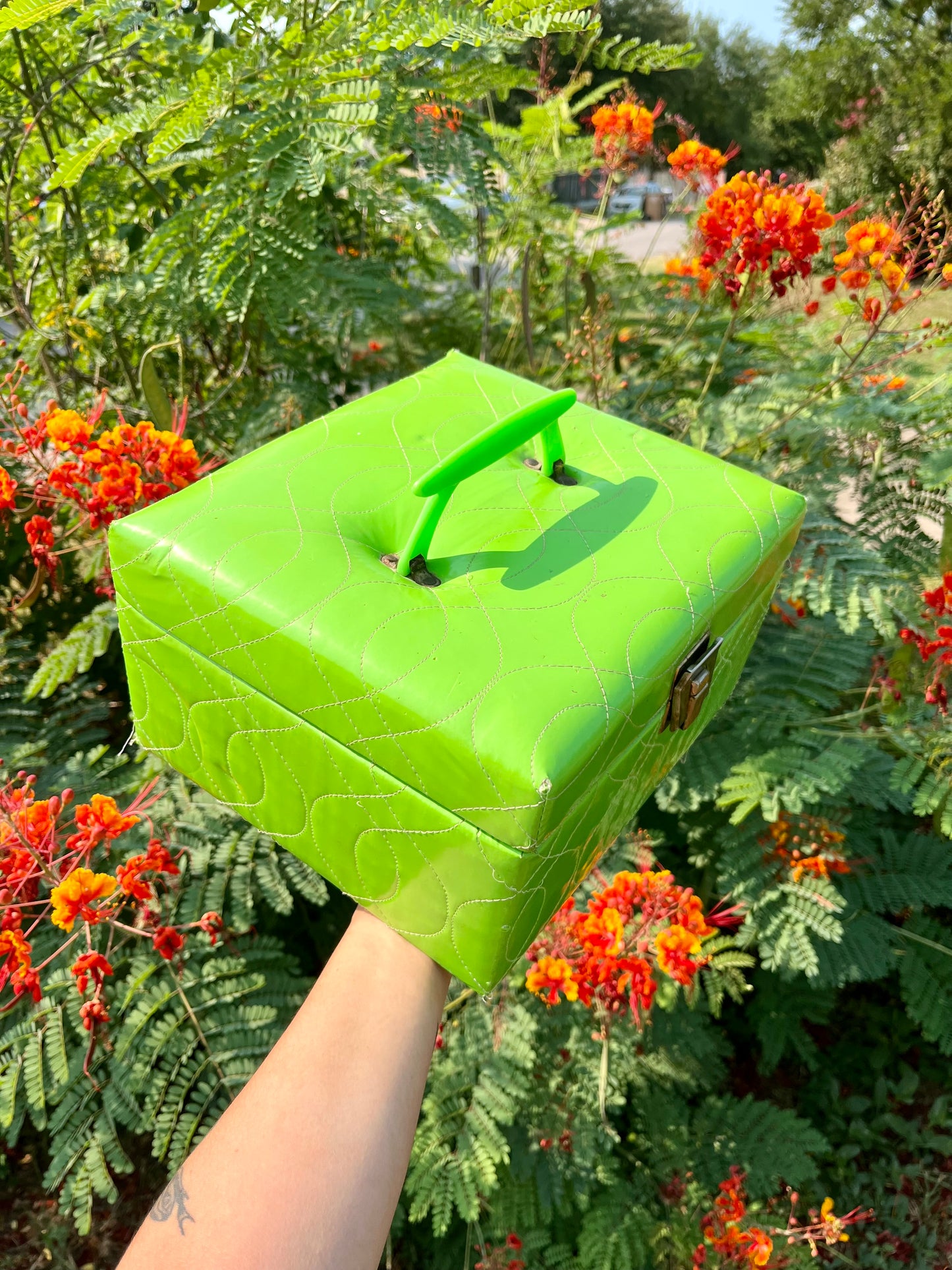 mcm slime green stash box + brass peacock mirror for kathleen