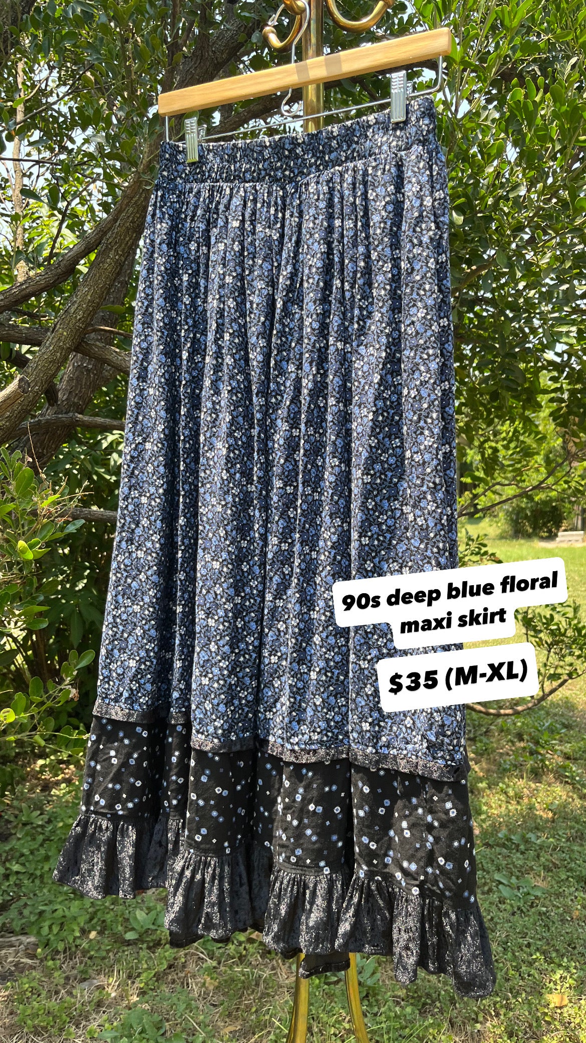90s dreamy floral robe + black/ blue floral maxi skirt for maya