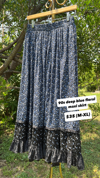90s dreamy floral robe + black/ blue floral maxi skirt for maya