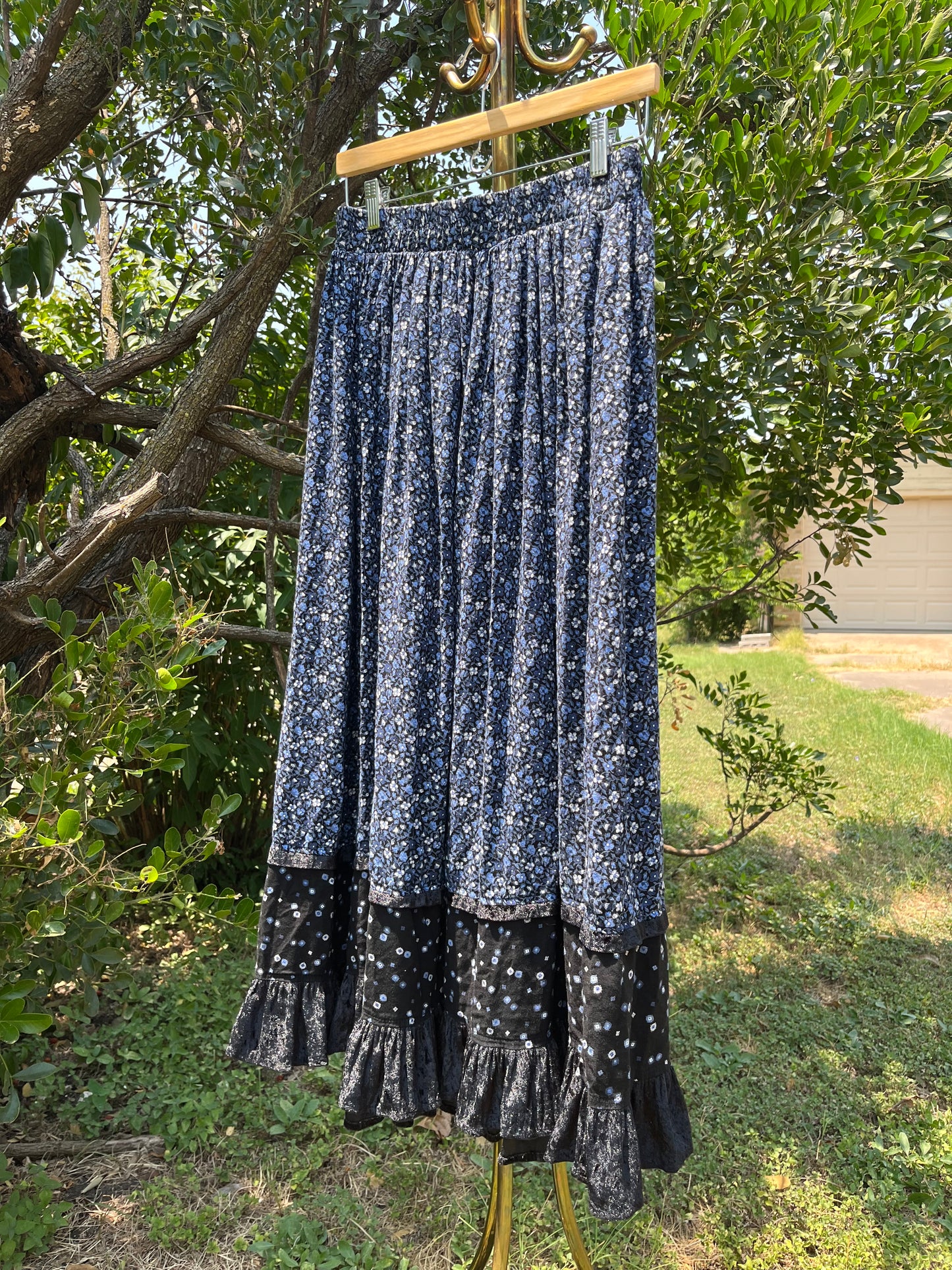 90s dreamy floral robe + black/ blue floral maxi skirt for maya