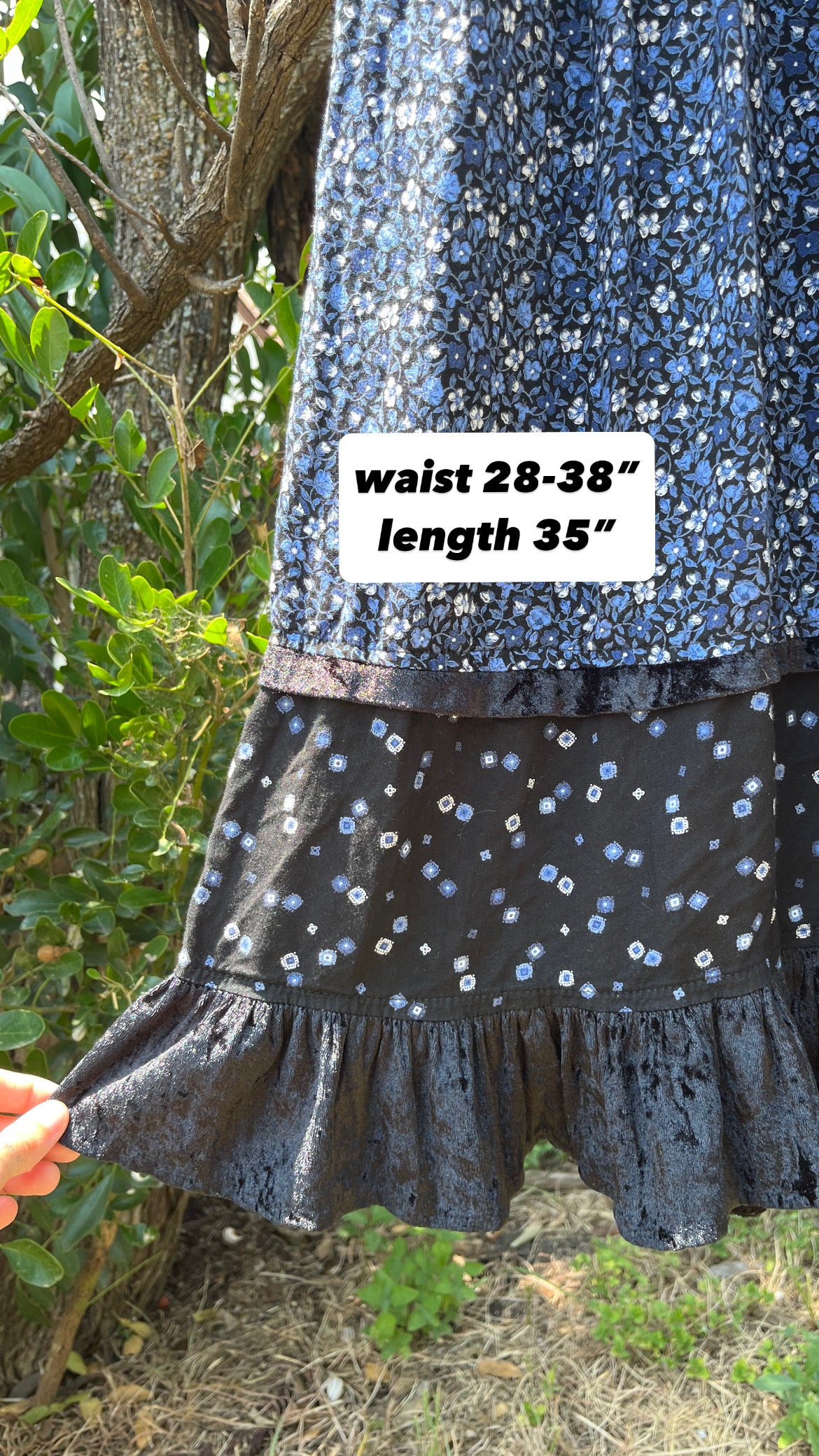 90s dreamy floral robe + black/ blue floral maxi skirt for maya