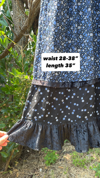 90s dreamy floral robe + black/ blue floral maxi skirt for maya