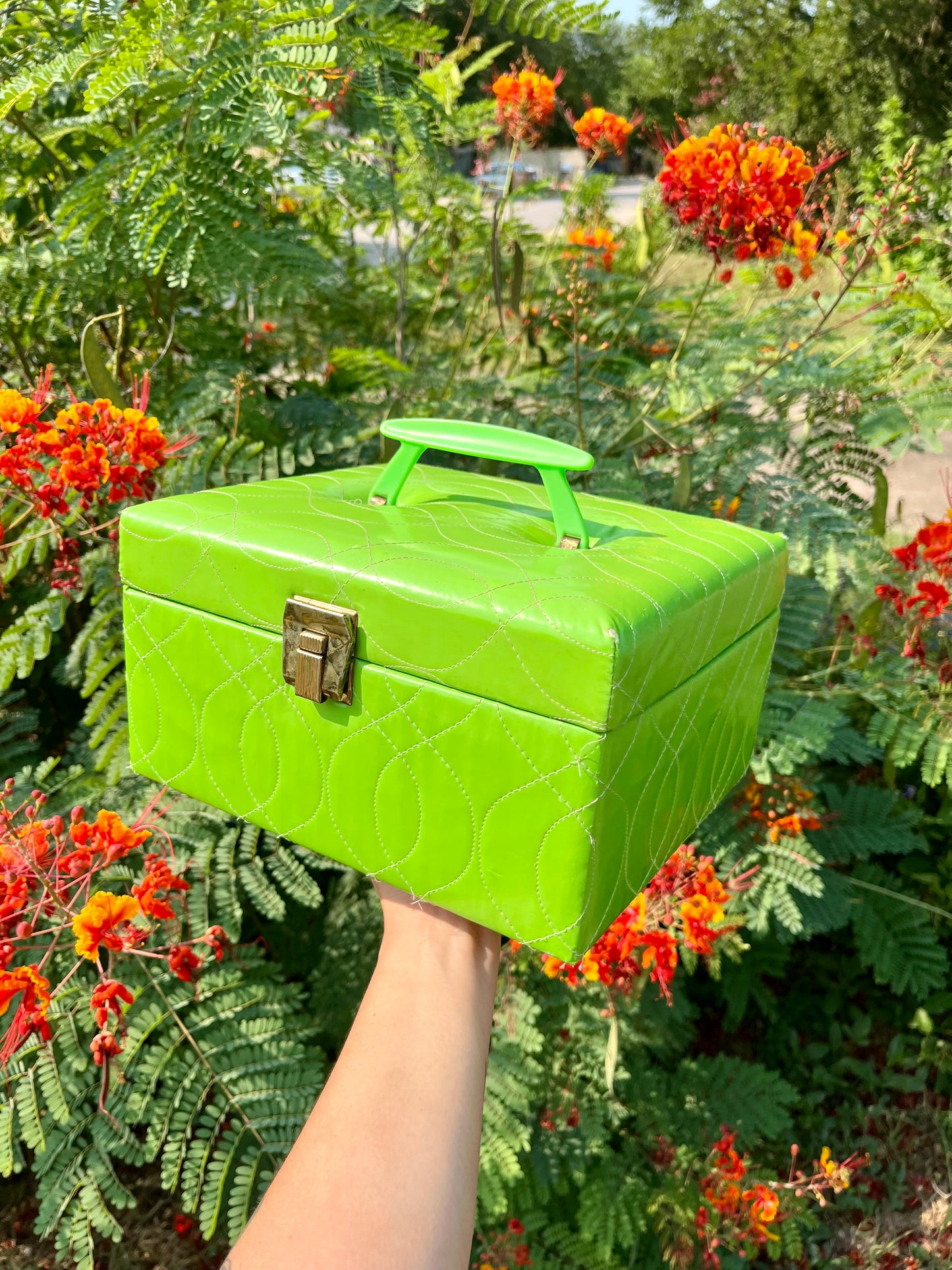 mcm slime green stash box + brass peacock mirror for kathleen