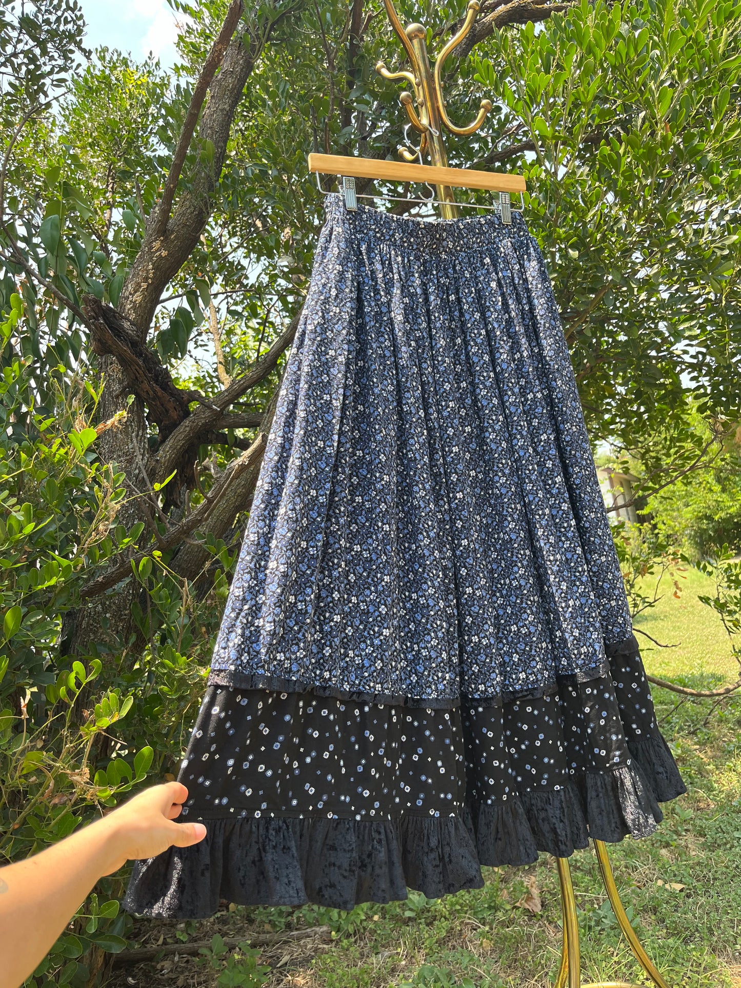 90s dreamy floral robe + black/ blue floral maxi skirt for maya