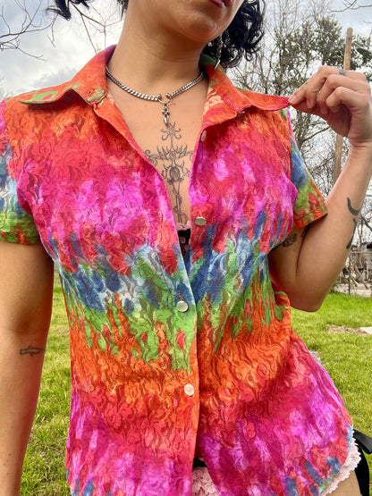 1990s Frederick’s of Hollywood Rainbow Rose Lace Top [S]