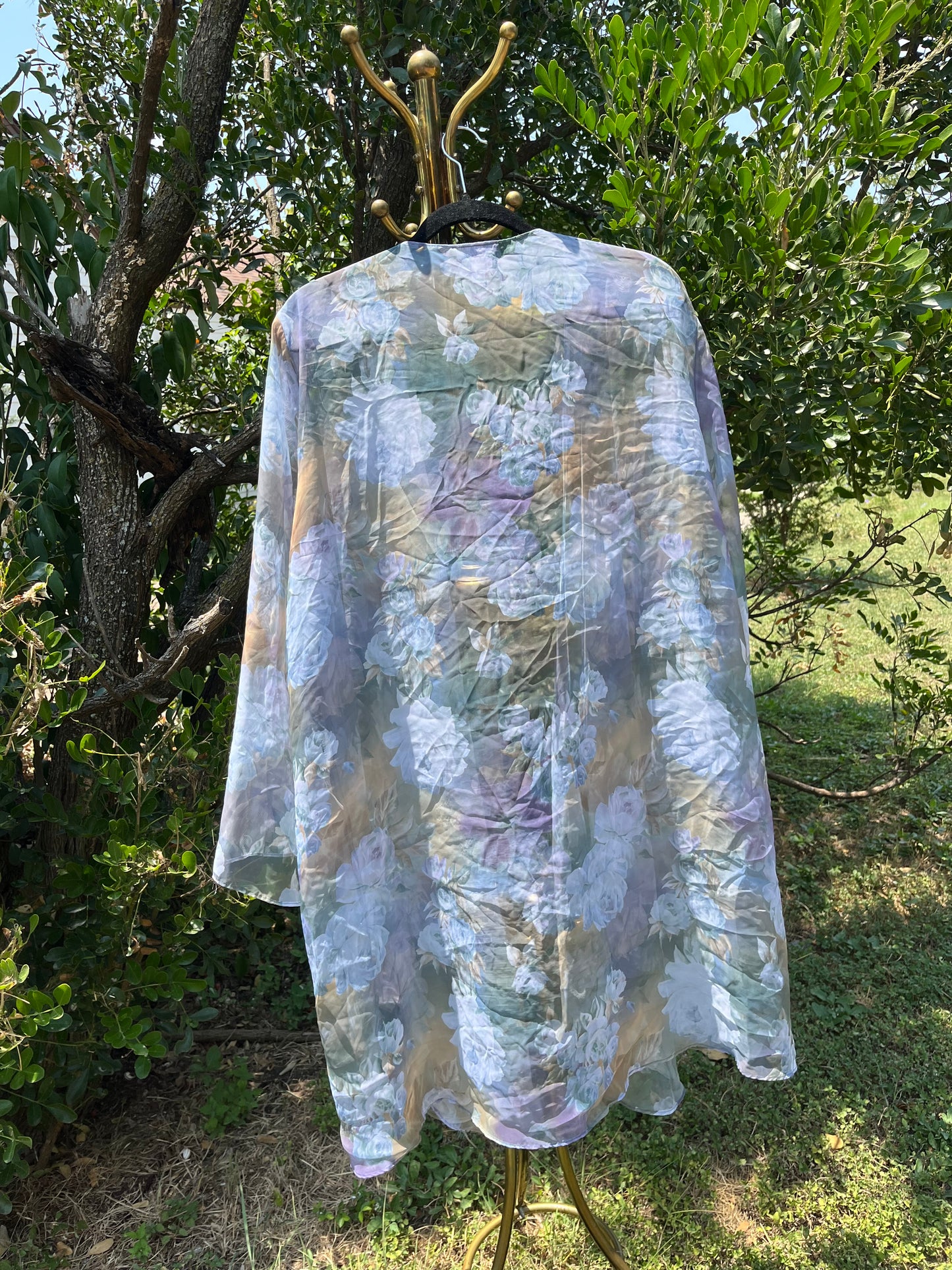 90s dreamy floral robe + black/ blue floral maxi skirt for maya