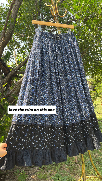 90s dreamy floral robe + black/ blue floral maxi skirt for maya