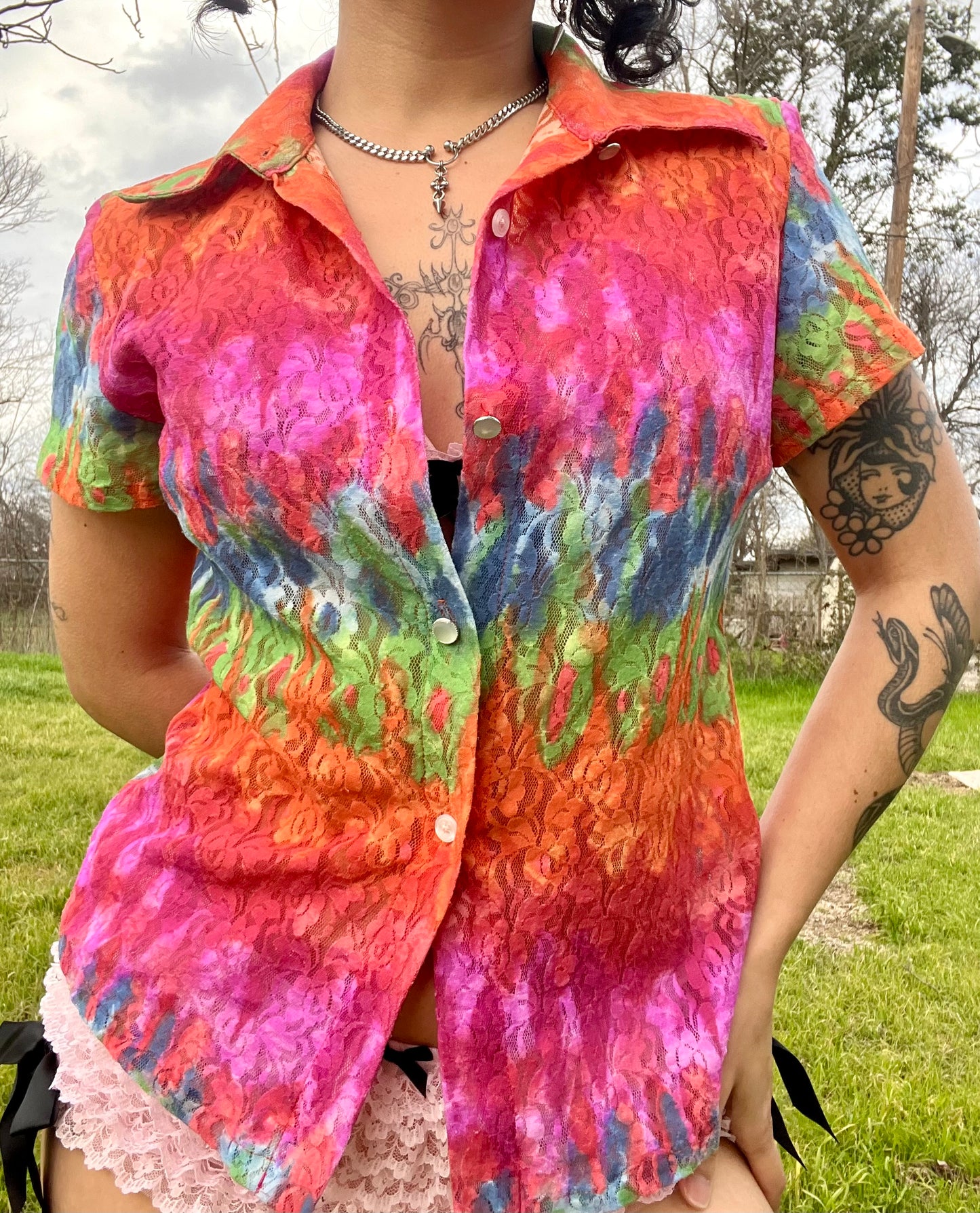 1990s Frederick’s of Hollywood Rainbow Rose Lace Top [S]