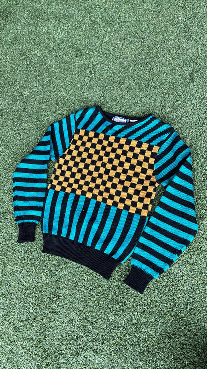 80s/90s teal stripe + checker sweater for kelsey