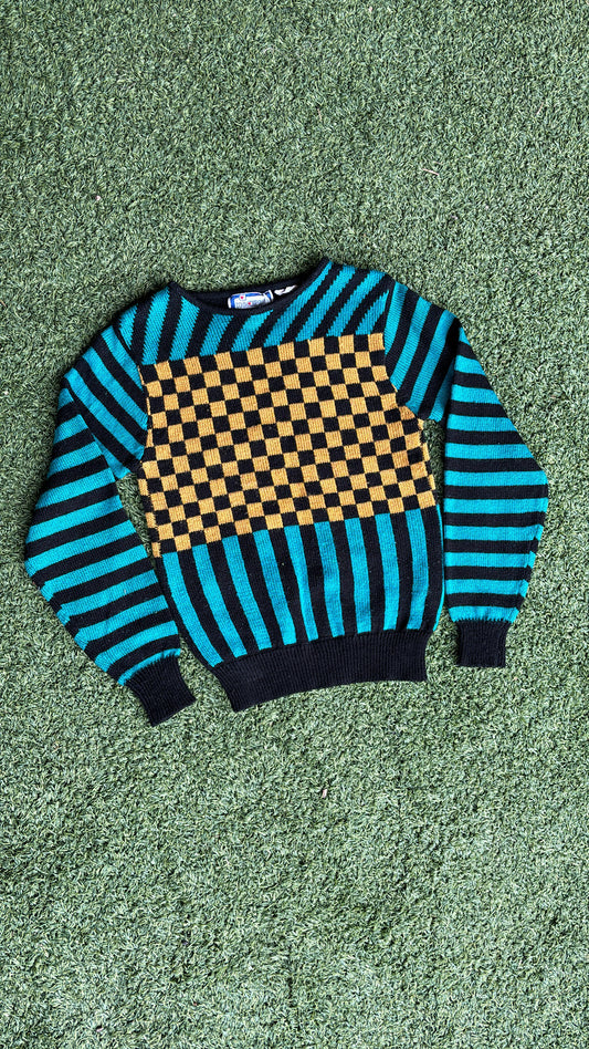 80s/90s teal stripe + checker sweater for kelsey