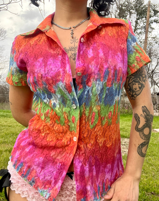 1990s Frederick’s of Hollywood Rainbow Rose Lace Top [S]