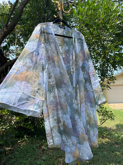 90s dreamy floral robe + black/ blue floral maxi skirt for maya
