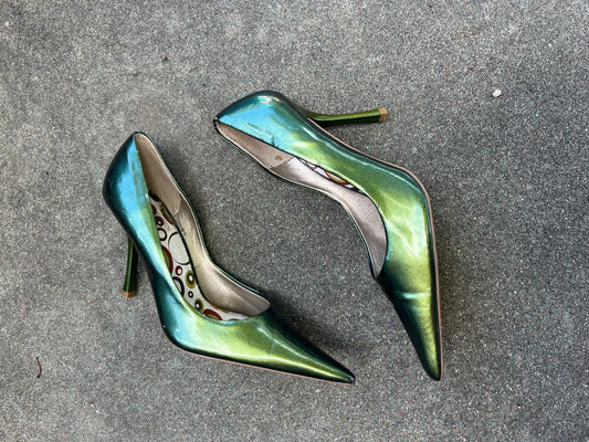 y2k iridescent green heels + booger green scarf for mary