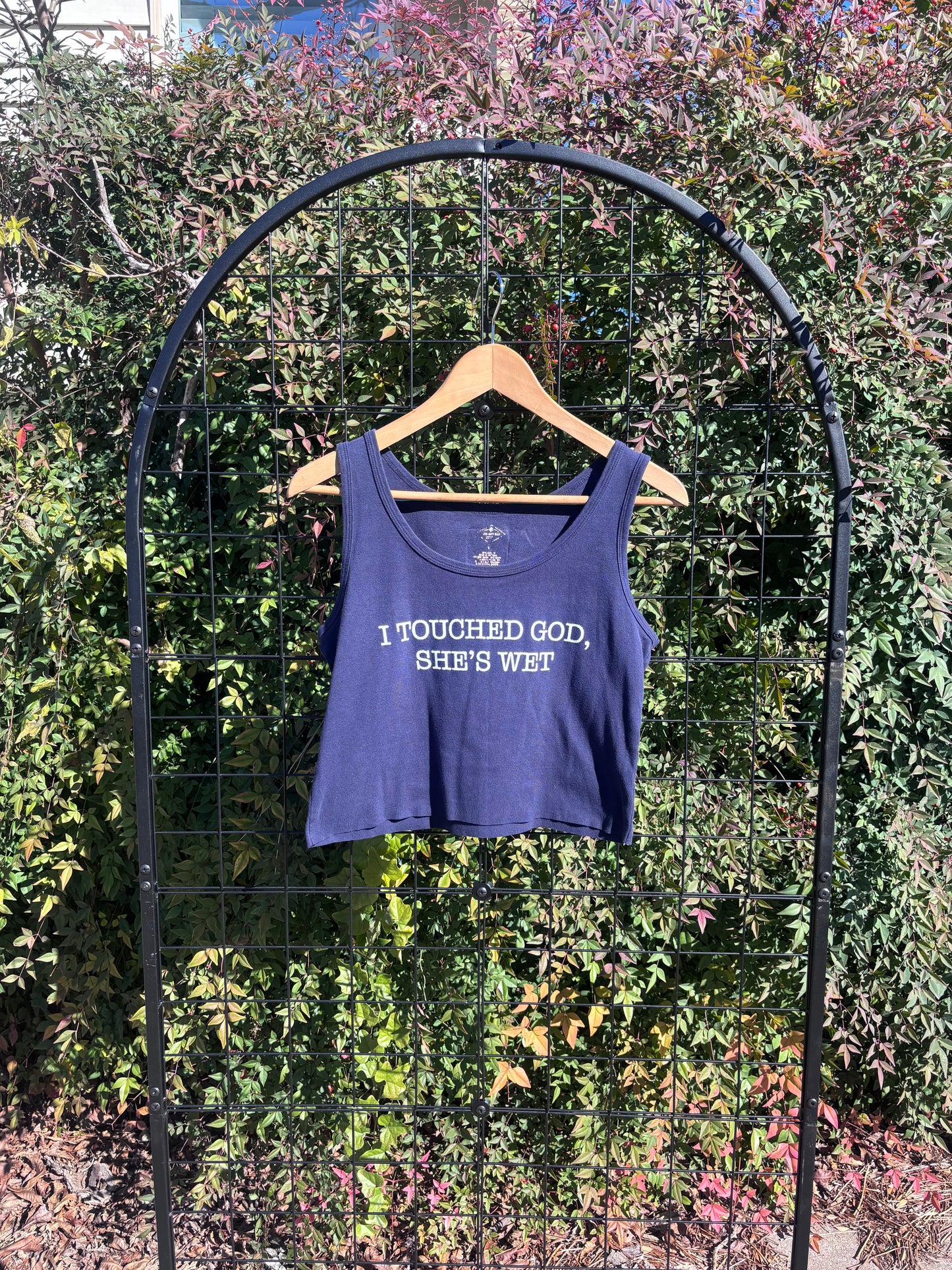 “i touched god” navy tank for k s