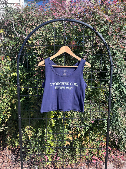 “i touched god” navy tank for k s