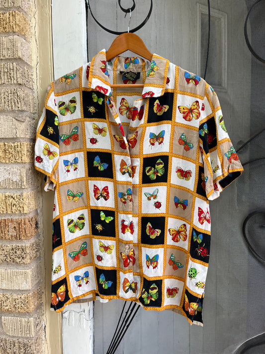 90s silk butterfly + bug button up for goldie