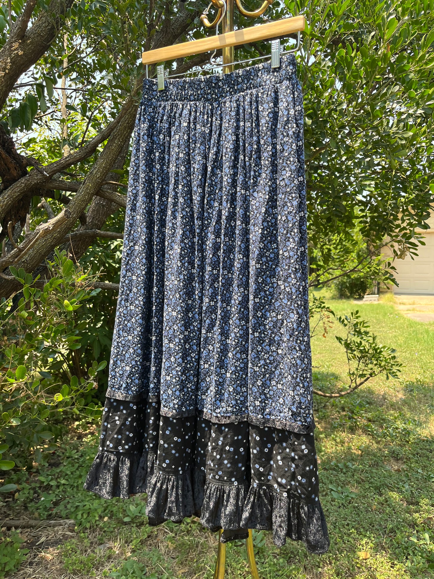 90s dreamy floral robe + black/ blue floral maxi skirt for maya