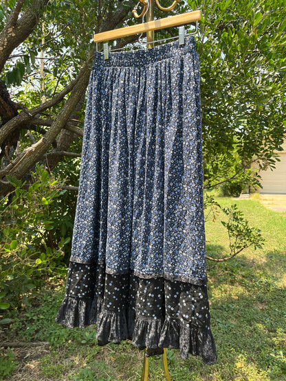 90s dreamy floral robe + black/ blue floral maxi skirt for maya