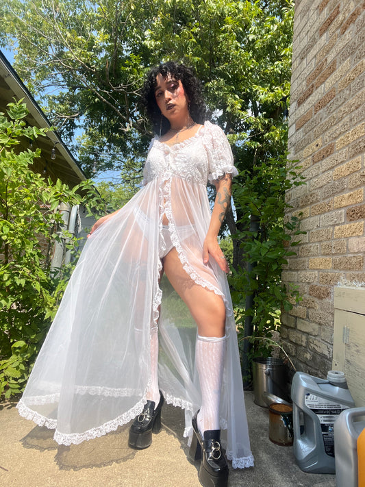 70s white lace peignoir + 60s leopard robe for ashley