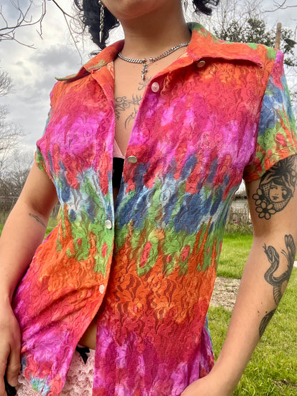 1990s Frederick’s of Hollywood Rainbow Rose Lace Top [S]