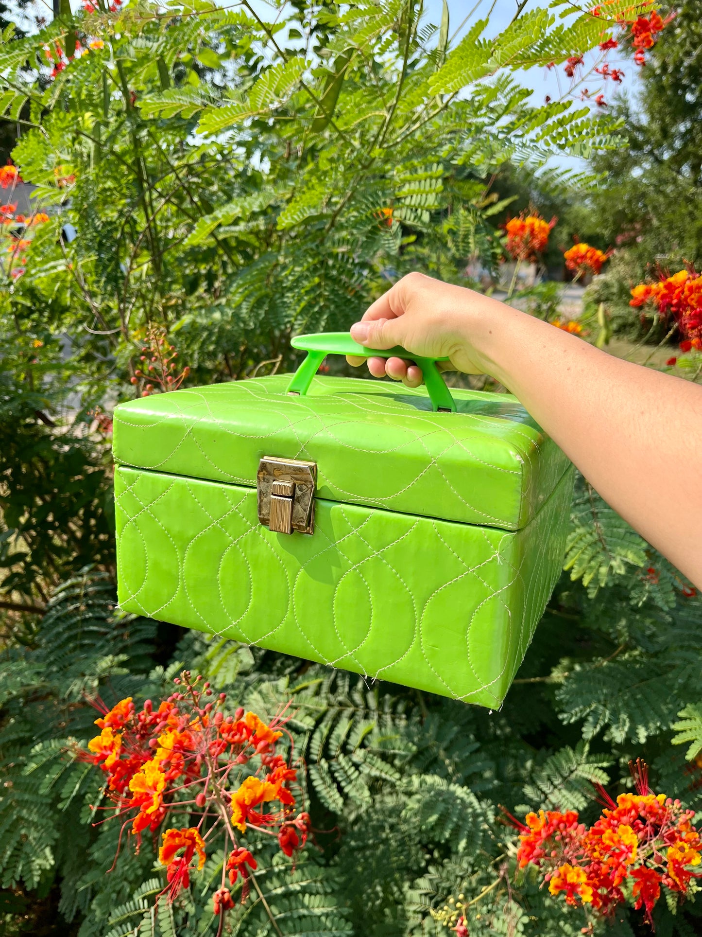 mcm slime green stash box + brass peacock mirror for kathleen