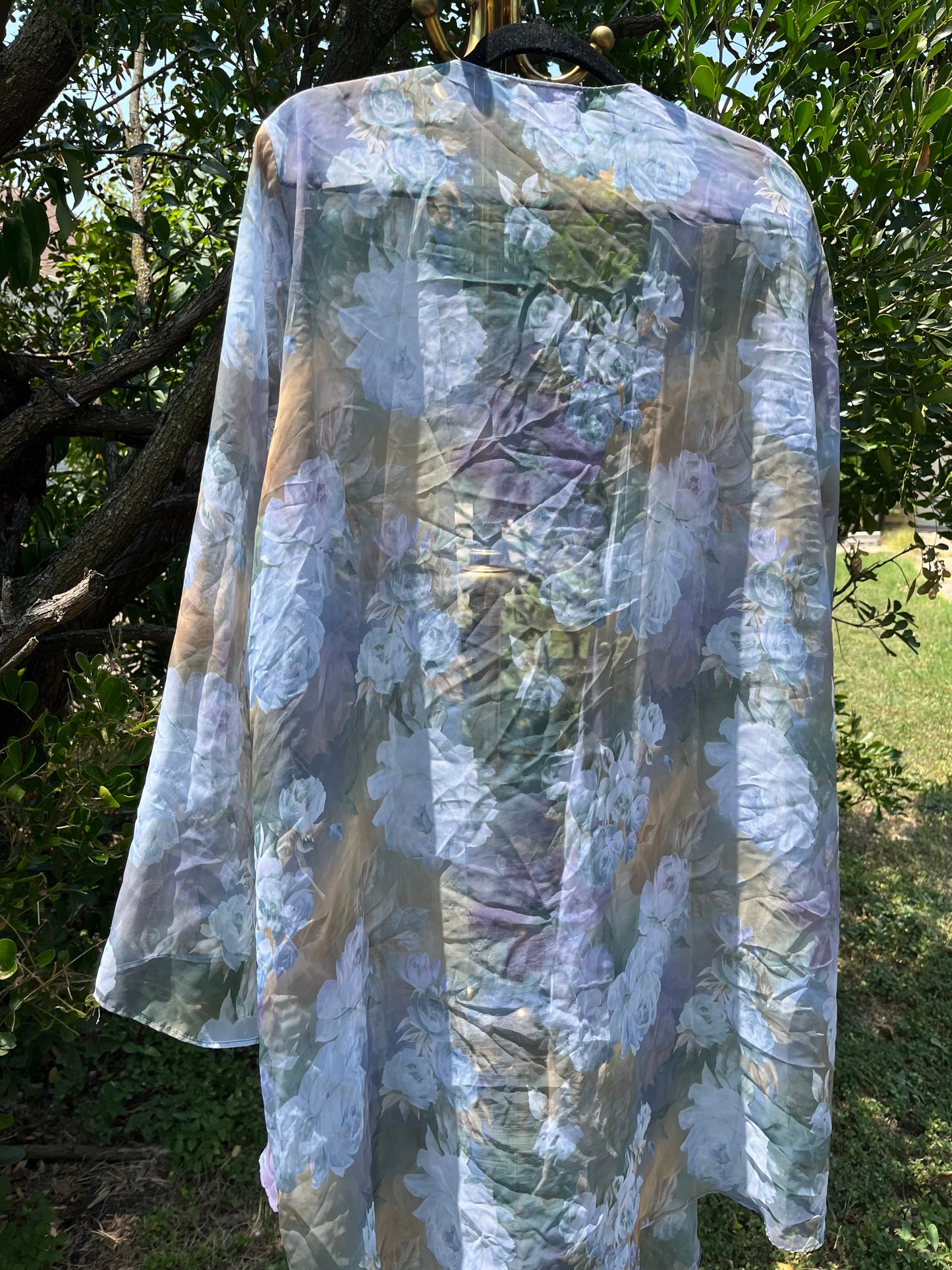 90s dreamy floral robe + black/ blue floral maxi skirt for maya