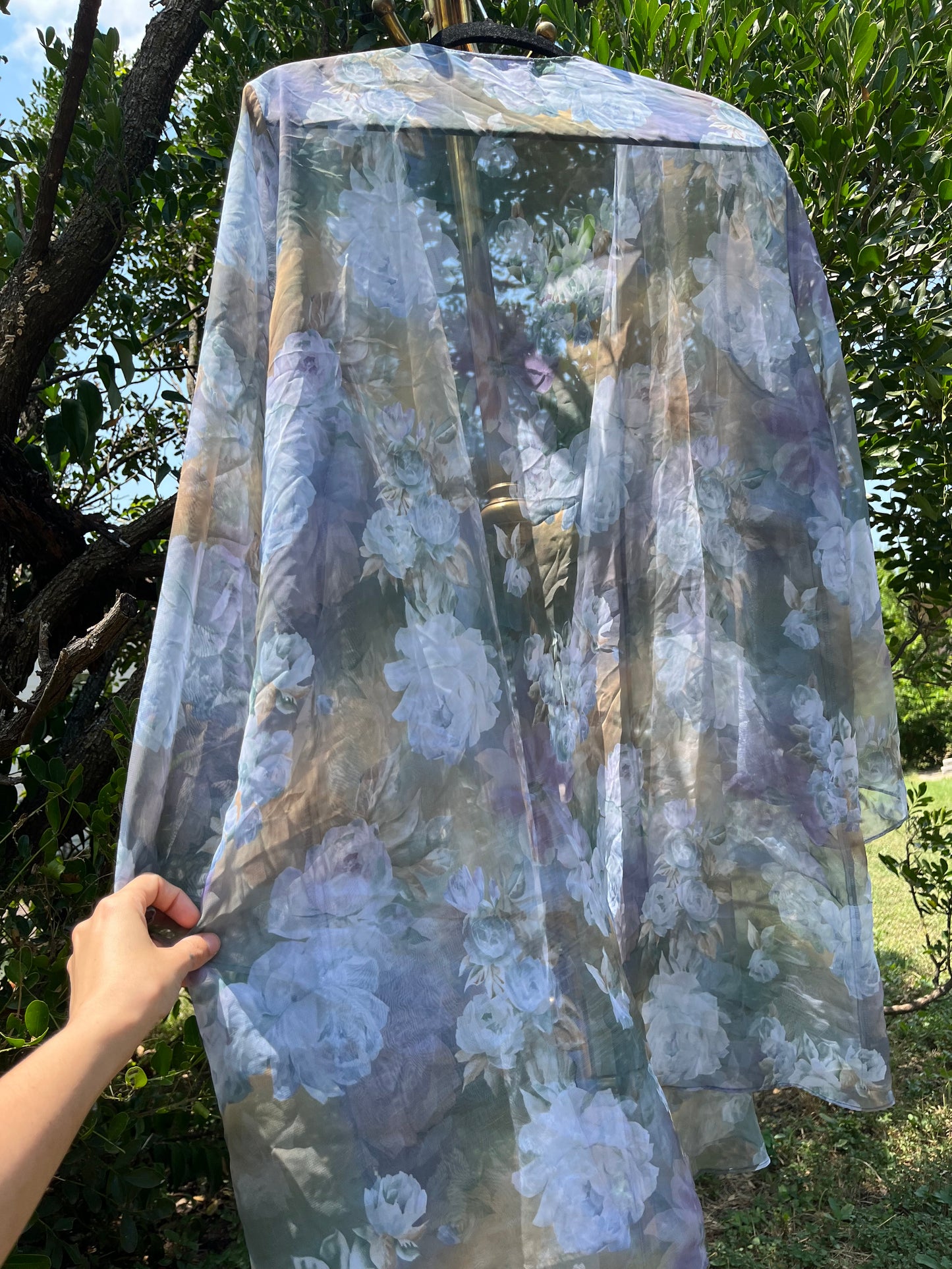 90s dreamy floral robe + black/ blue floral maxi skirt for maya