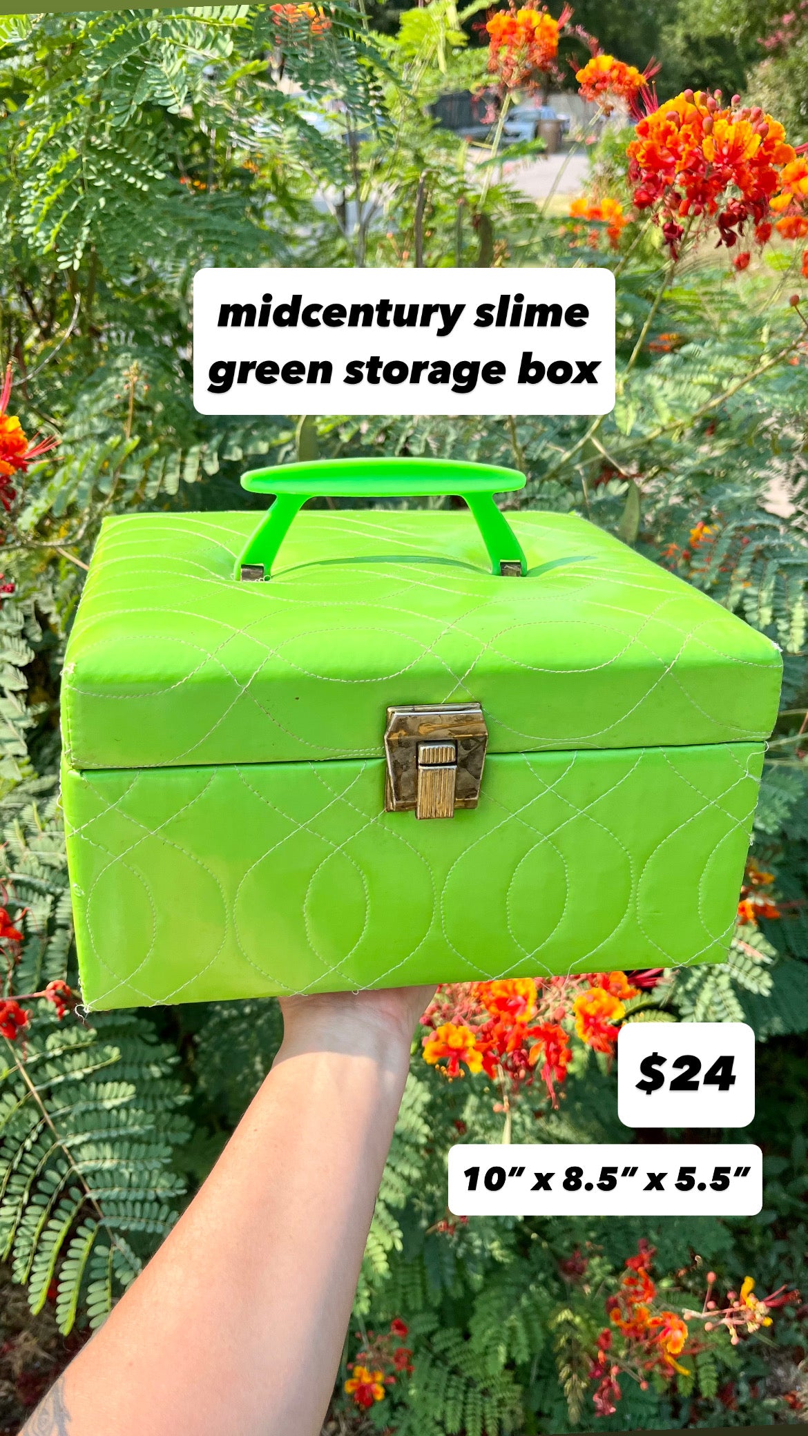 mcm slime green stash box + brass peacock mirror for kathleen