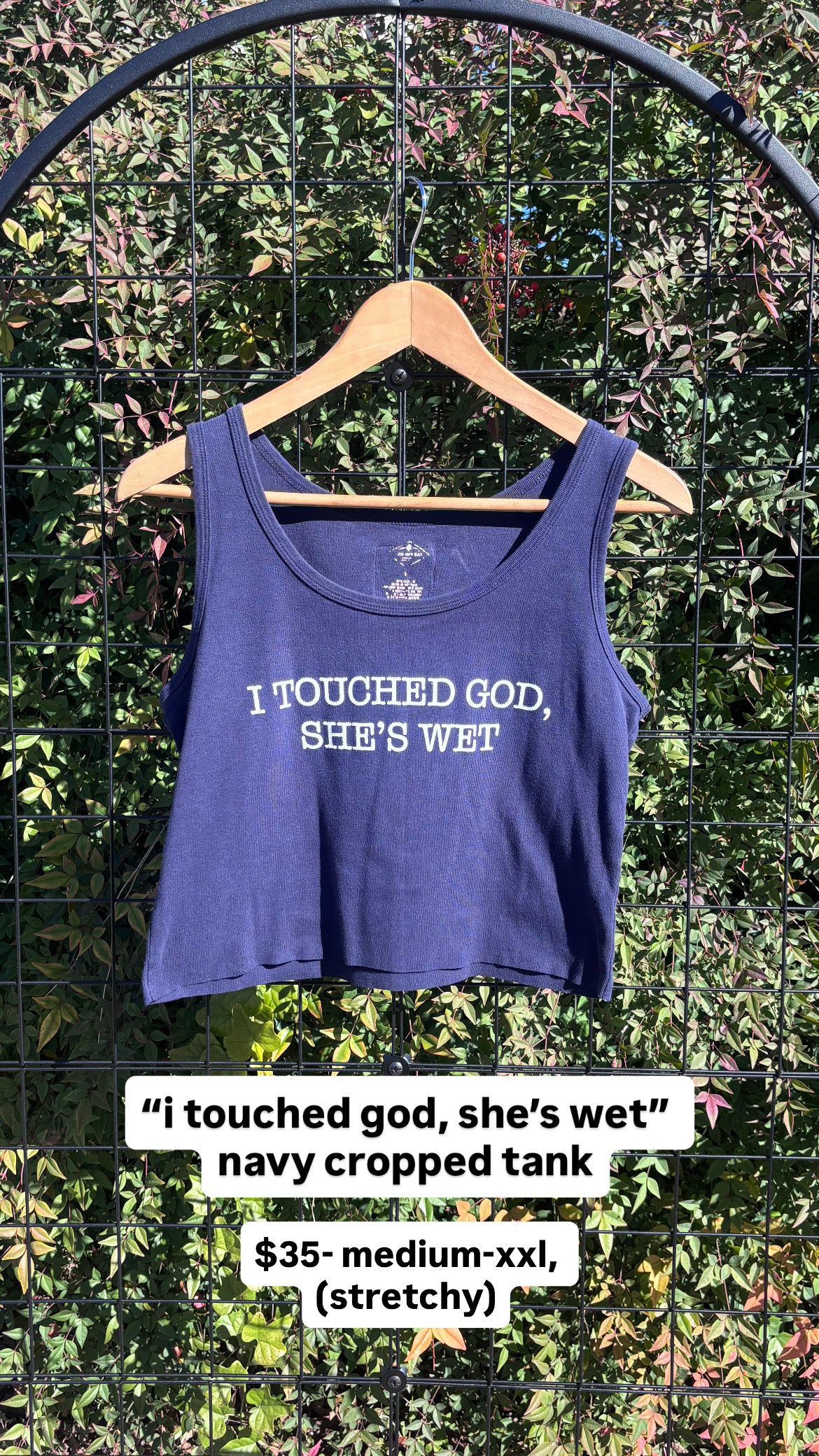 “i touched god” navy tank for k s
