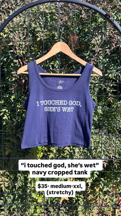 “i touched god” navy tank for k s