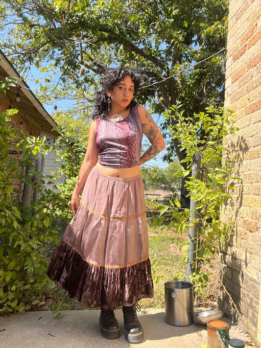 y2k rayon/ velvet skirt + brown leather backpack for micaela