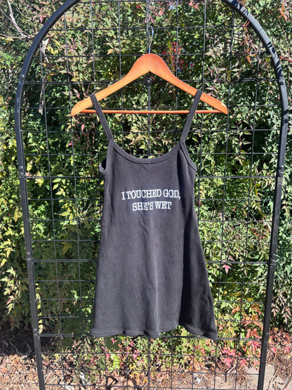 “i touched god” LA apparel dress + betty of arc olive fp tank + eddie bauer longsleeve for simmony