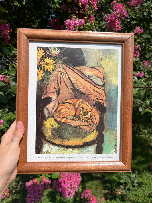 “cat on pink drape” framed art for michelle