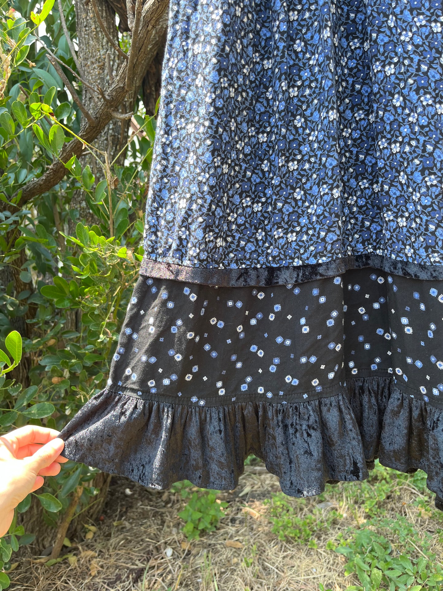 90s dreamy floral robe + black/ blue floral maxi skirt for maya