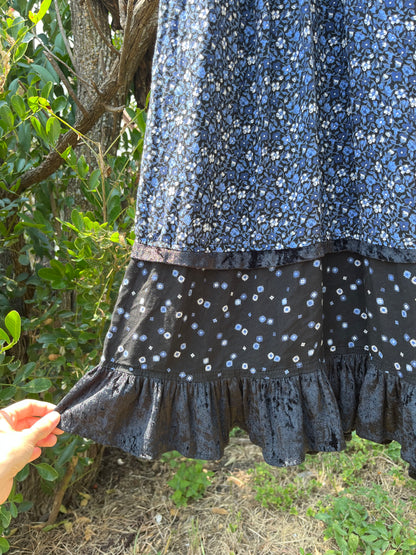 90s dreamy floral robe + black/ blue floral maxi skirt for maya