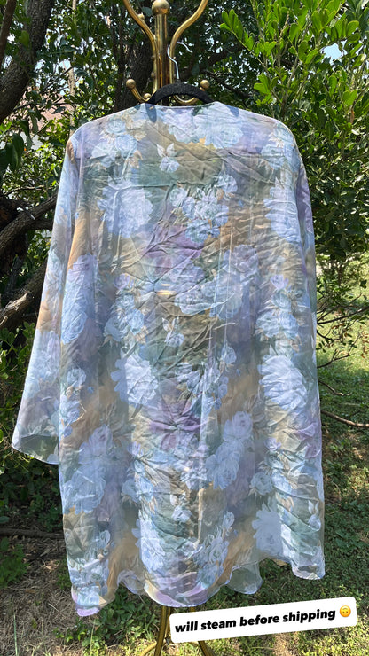 90s dreamy floral robe + black/ blue floral maxi skirt for maya