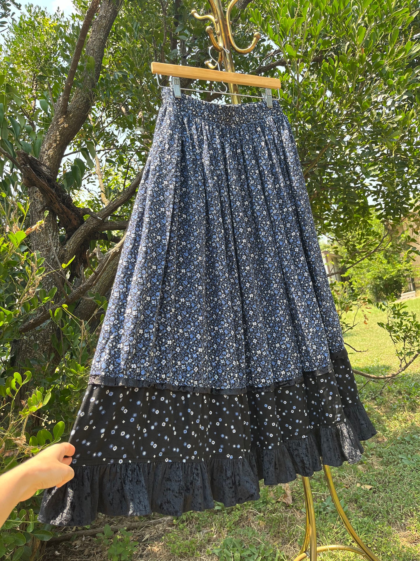 90s dreamy floral robe + black/ blue floral maxi skirt for maya