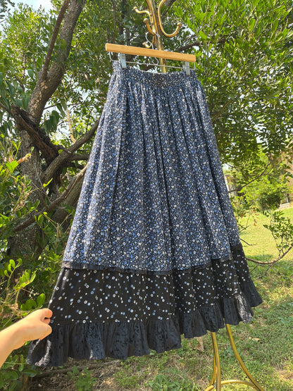 90s dreamy floral robe + black/ blue floral maxi skirt for maya