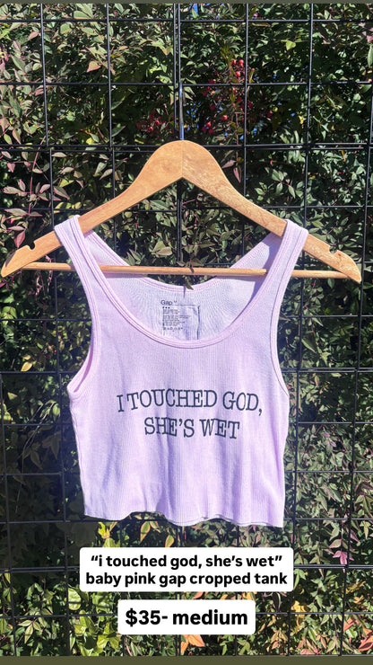 “i touched god” baby pink tank for fern