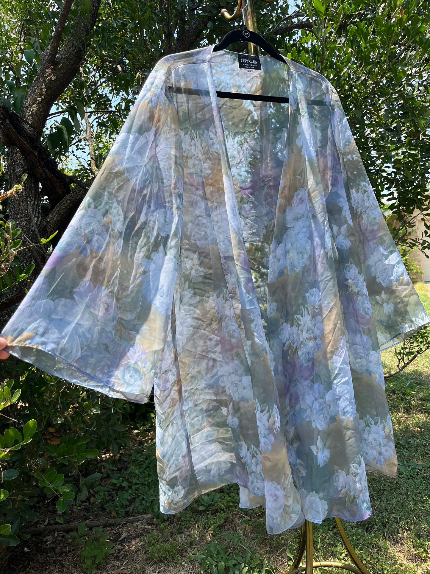 90s dreamy floral robe + black/ blue floral maxi skirt for maya