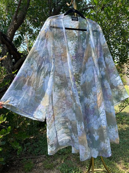 90s dreamy floral robe + black/ blue floral maxi skirt for maya