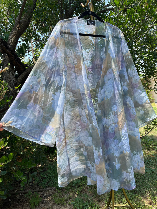 90s dreamy floral robe + black/ blue floral maxi skirt for maya