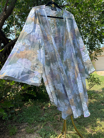 90s dreamy floral robe + black/ blue floral maxi skirt for maya