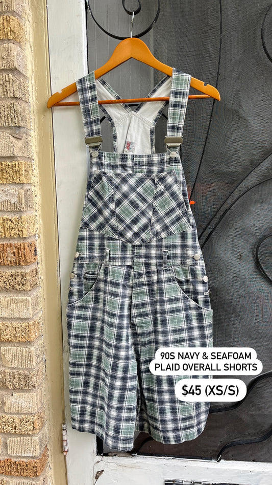 90s navy & seafoam plaid overall shorts for desirée