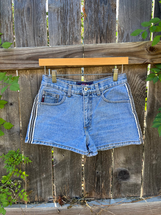 90s racer stripe denim shorts for marissa