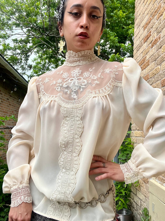 80s lace high neck button up for shayenna