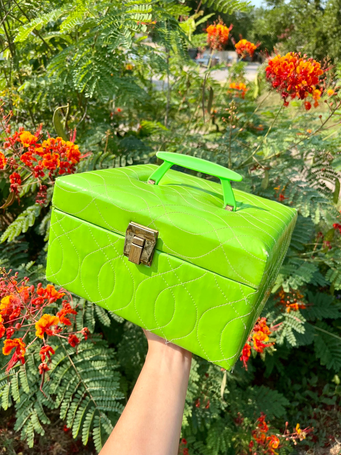 mcm slime green stash box + brass peacock mirror for kathleen