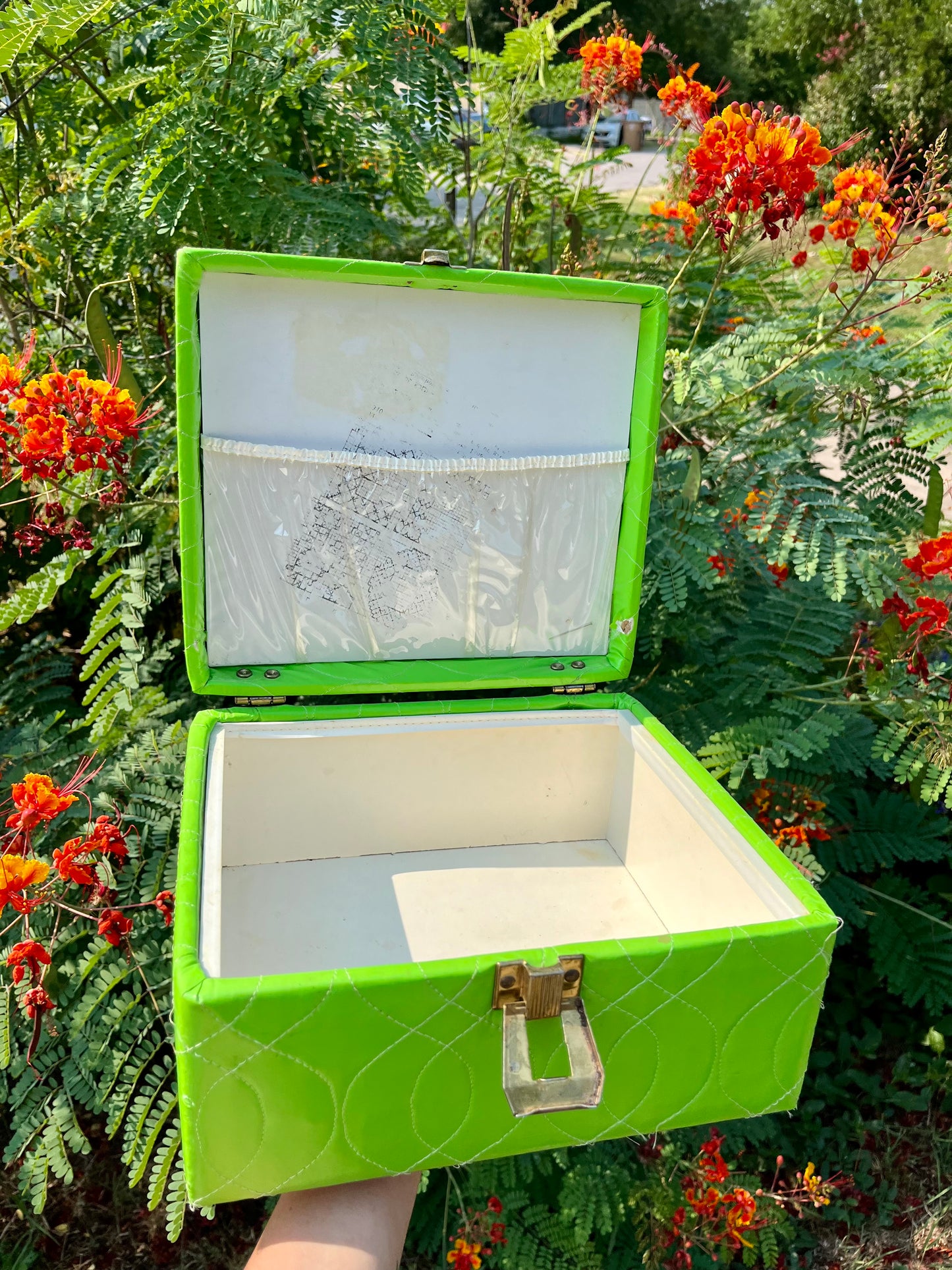 mcm slime green stash box + brass peacock mirror for kathleen