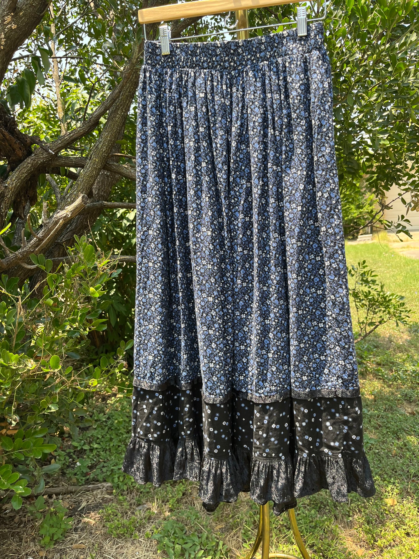 90s dreamy floral robe + black/ blue floral maxi skirt for maya