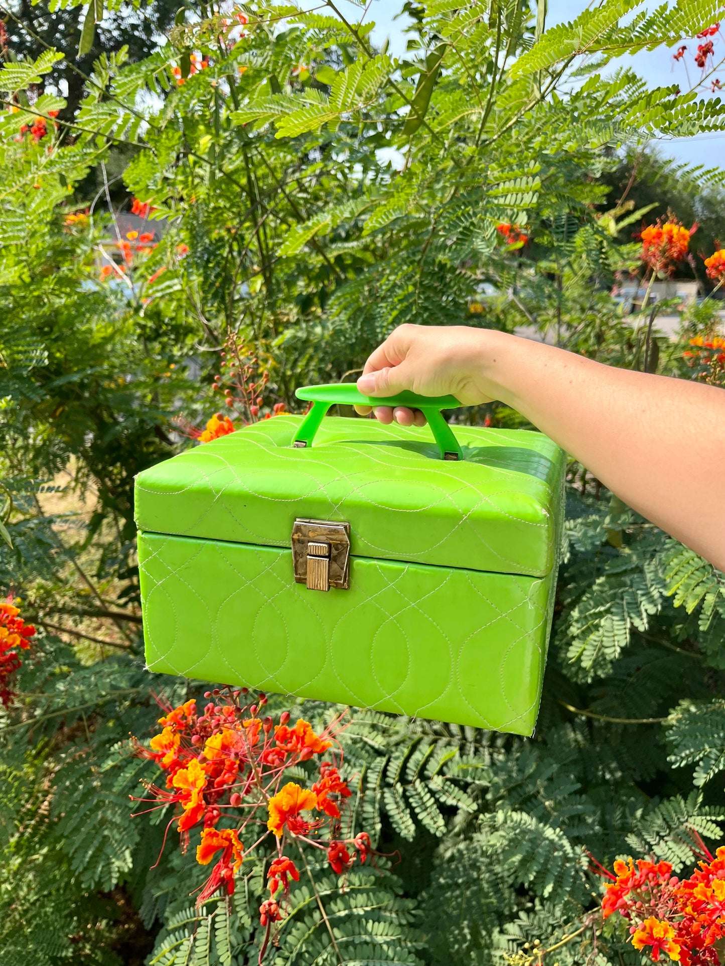 mcm slime green stash box + brass peacock mirror for kathleen
